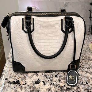 Alice & Olivia White & Black ‘OLIVIA’ Leather Satchel Bag with Crossbody Strap